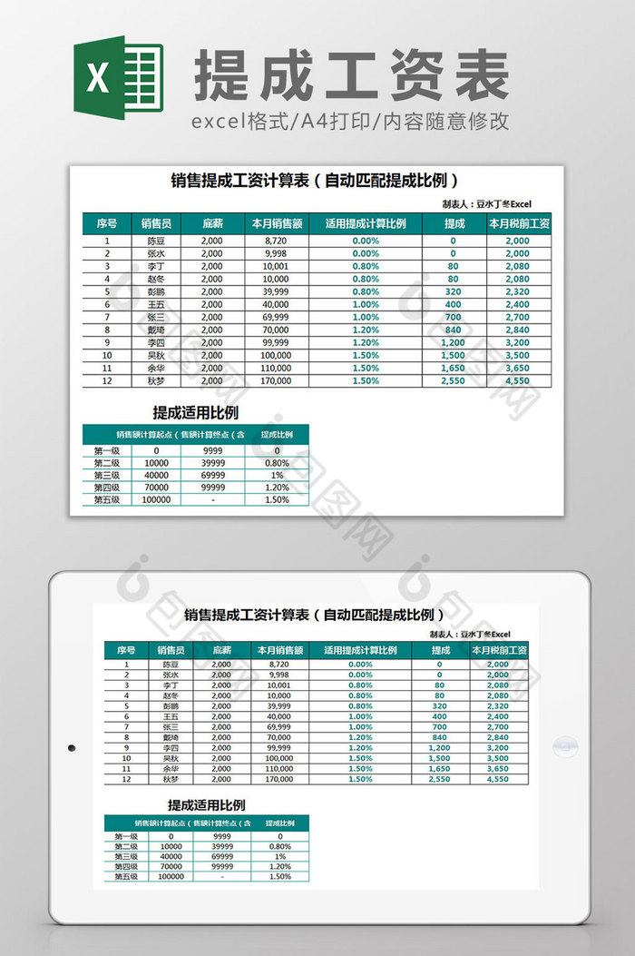 销售提成工资计算表自动匹配Excel模板