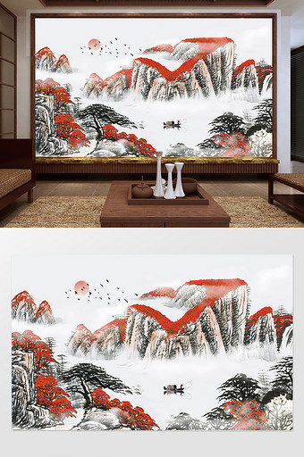 新中式国画风流水生财山水画沙发背景墙图片