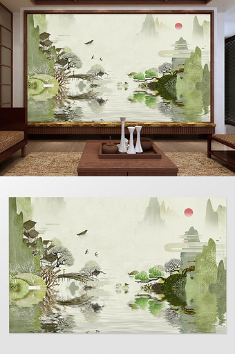 现代时尚江南水乡风景画立体背景墙图片