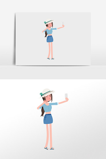 度假自拍戴帽子短裤少女扁平化矢量插画元素图片