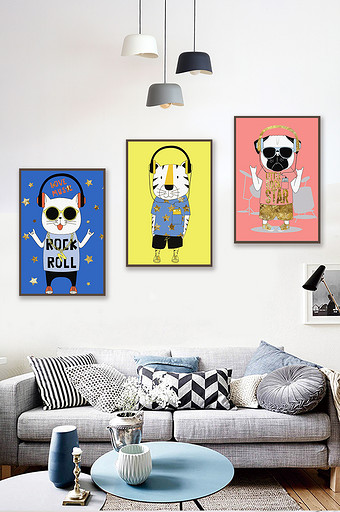 北欧时尚蓝色黄色粉色底狗猫老虎动物装饰画图片