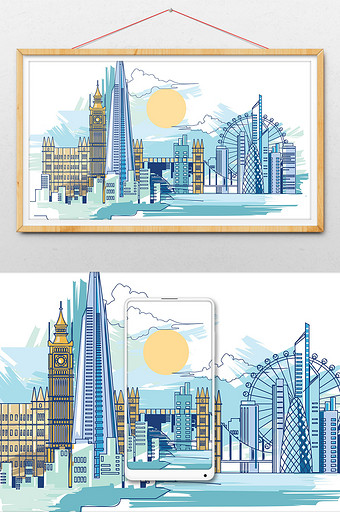 手绘世界旅游英国伦敦插画图片