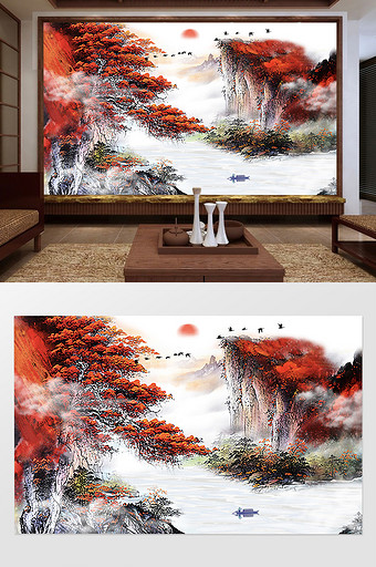 中国风水墨山水画鸿运当头电视背景墙图片
