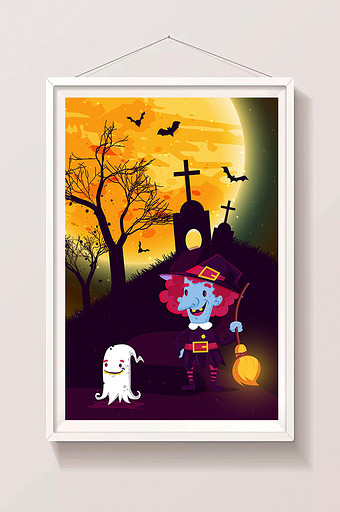 万圣节女巫幽灵墓地卡通手绘可爱插画图片