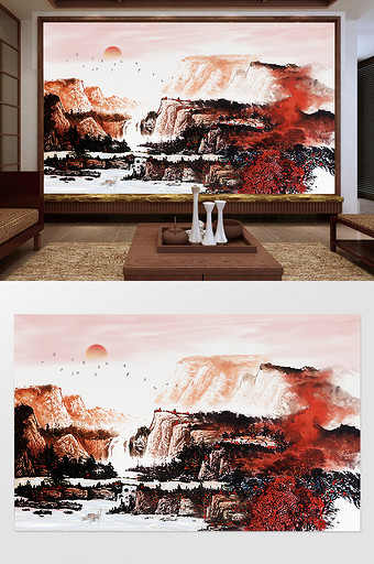 中国风国画流水瀑布流水生财背景墙图片
