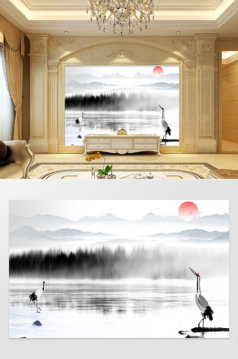 新中式抽象蓝色水墨山水电视背景墙图片