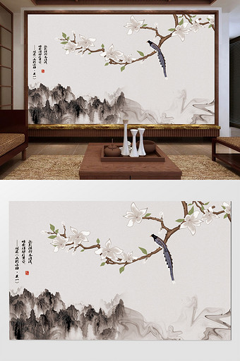 新中式梅花手绘工笔花鸟山水背景墙图片