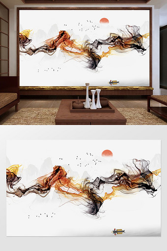 新中式手绘唯美抽象水墨山水背景墙定制图片
