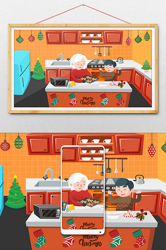 卡通亲子烘焙姜饼人厨房圣诞节插画图片