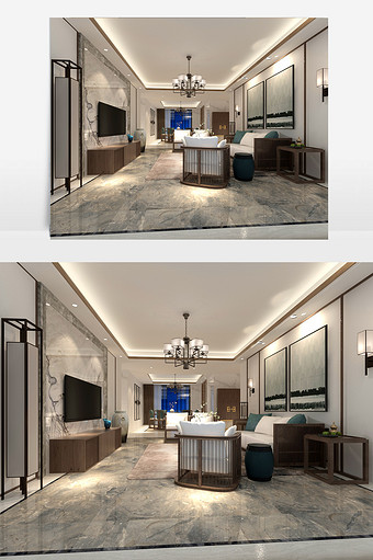 新中式风格客厅餐厅组合空间效果图图片