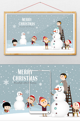 卡通圣诞节下雪孩子们堆雪人图片