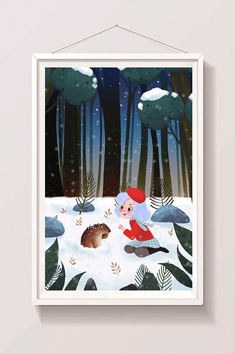 蓝色红色雪地森林夜晚小孩鼹鼠玩耍插画图片