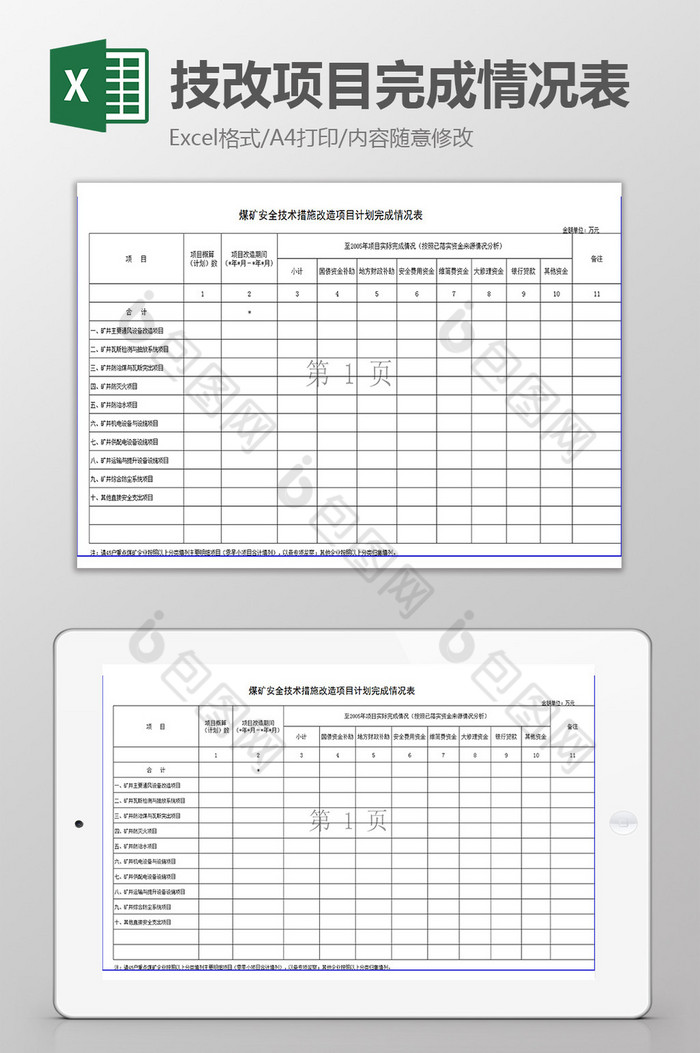 技改项目计划完成情况表excel模板图片图片