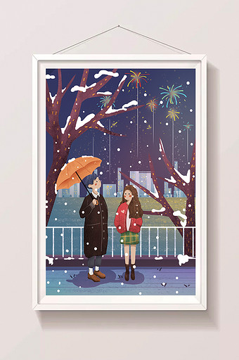 唯美城市夜色雪景下雪情侣赏雪插画图片