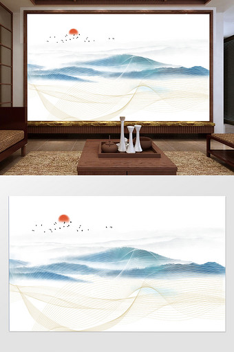新中式水墨国画抽象山水日出壁画图片