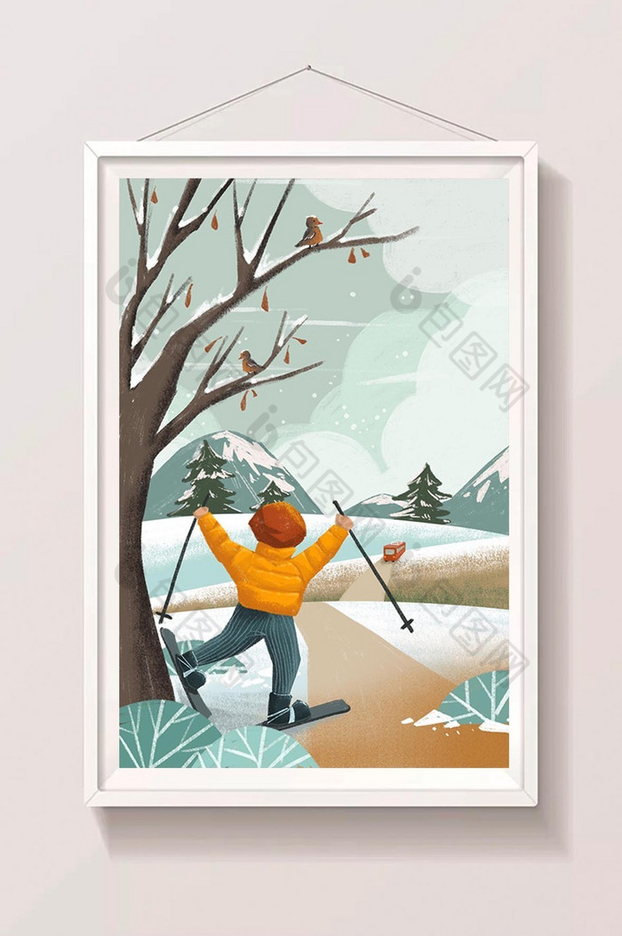 冷色冬日山坡滑雪插画图片图片