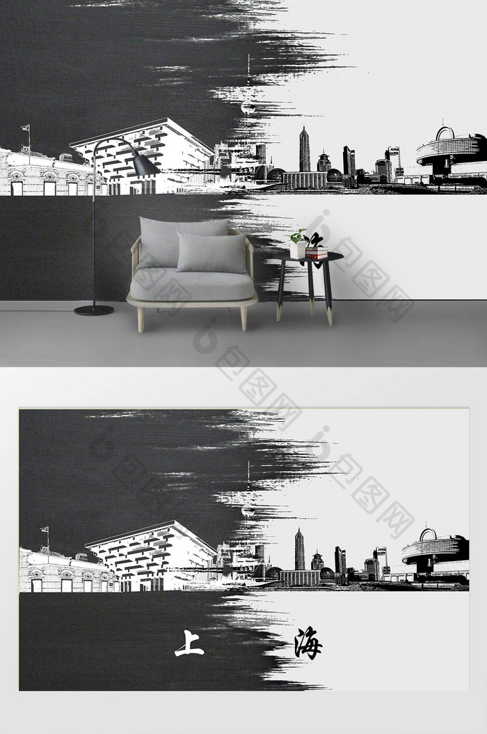 城市剪影黑白水墨现代创意图片