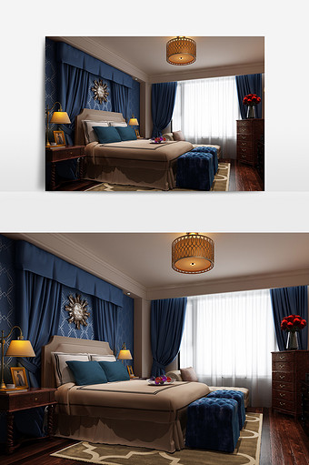 欧式复古蓝色卧室模型图片