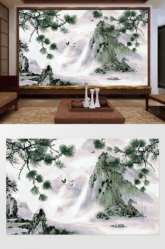 新中式绿色山峦松树松鹤定制电视背景墙图片