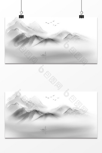 手绘中国风水墨飞鸟群山背景图片