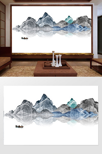 新中式意境抽象水墨线条山水客厅背景墙壁画图片