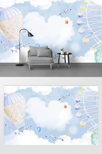 现代简约唯美手绘卡通天空气球儿童房背景墙图片