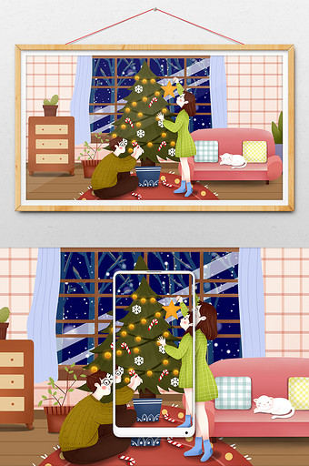 卡通冬季圣诞节室内家庭温馨插画图片
