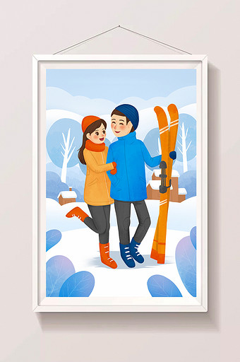 唯美清新生活方式大雪雪地情侣冬天滑雪插画图片
