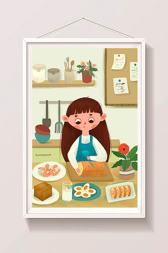 生活方式厨房制作美食的女孩手绘插画海报图片