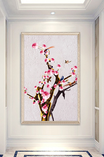 花卉树枝鸟群玄关背景墙图片