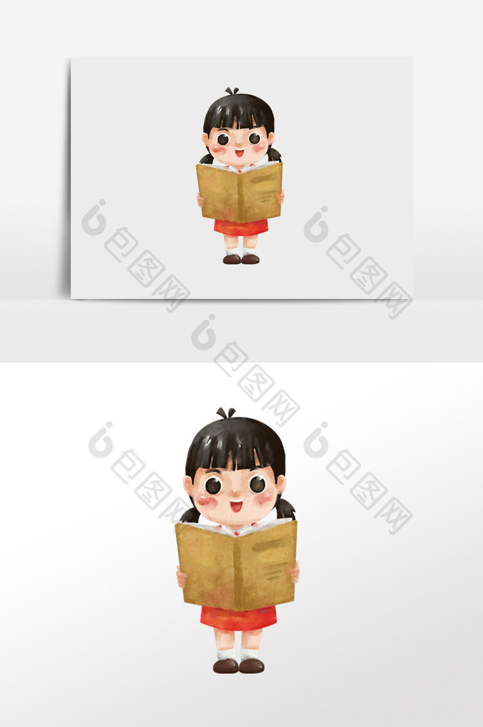 水彩手绘元素拿着书本读书的双马尾小女孩
