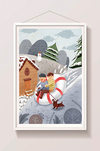 冬至雪景滑雪男孩唯美手绘卡通插画图片