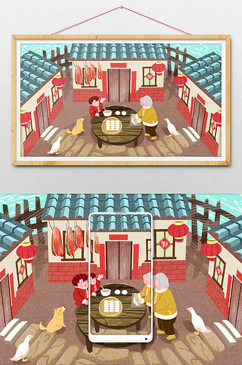 红色喜庆中国风春节做饺子插画图片