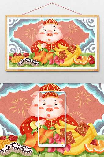 红色喜庆中国风2019猪年年货插画图片