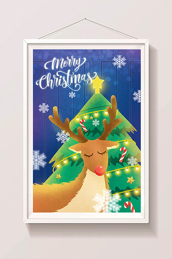 唯美清新圣诞节驯鹿和圣诞树圣诞之夜插画图片