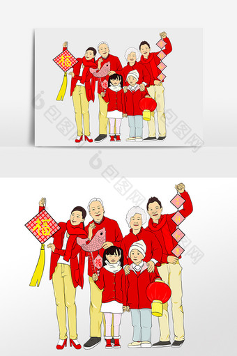 手绘新年春节幸福全家福插画素材图片