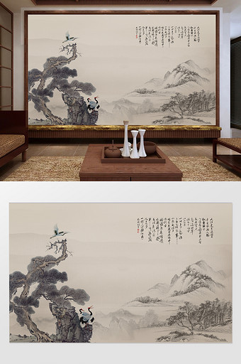 新中式松枝松鹤山水定制背景墙图片