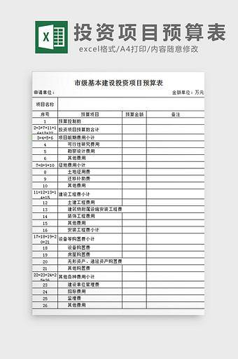 投资项目预算表excel模板图片