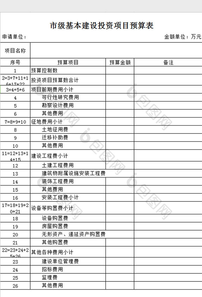 投资项目预算表excel模板