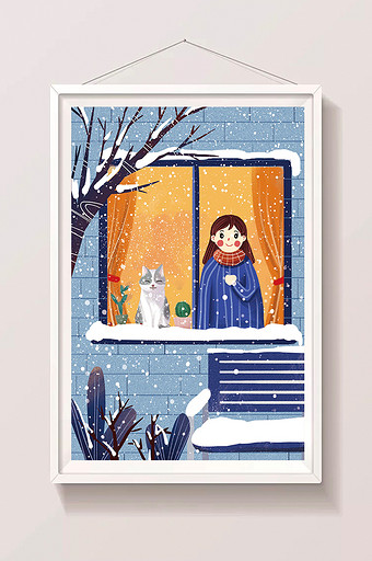 冬日下雪雪地女孩猫窗户插画图片