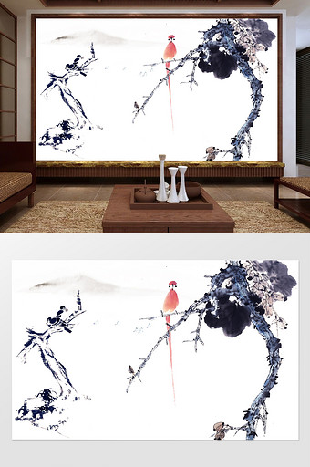 新中式水墨红雀枯枝山水背景墙定制图片