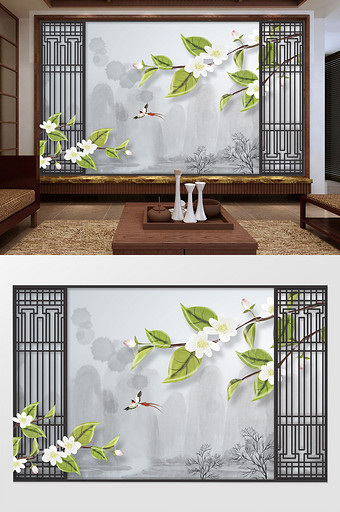 中式简约水墨山水风景绿色树叶花朵背景墙图片