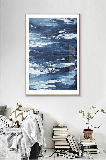现代简约抽象蓝色海浪客厅晶瓷画装饰画图片