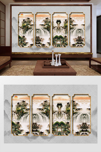 中式水墨山水几何框绿色山河瀑布风景背景墙图片