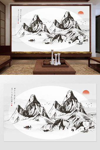 新中式创意线条山石夕阳定制背景墙图片