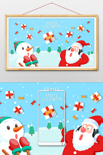 卡通圣诞节圣诞老人雪人圣诞礼物雪景插画图片