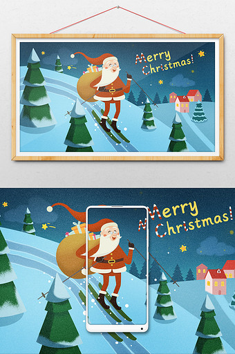 卡通复古卡通圣诞节圣诞老人滑雪插画海报图片