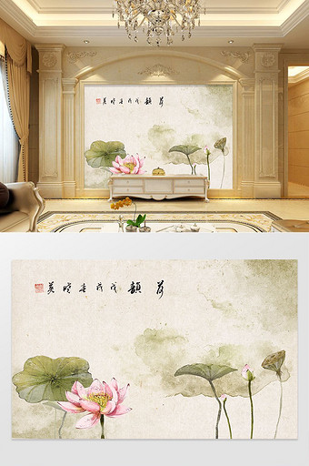 中国风水墨手绘花鸟荷韵电视背景墙图片