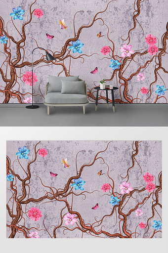 树藤花卉飞蝶背景墙图片