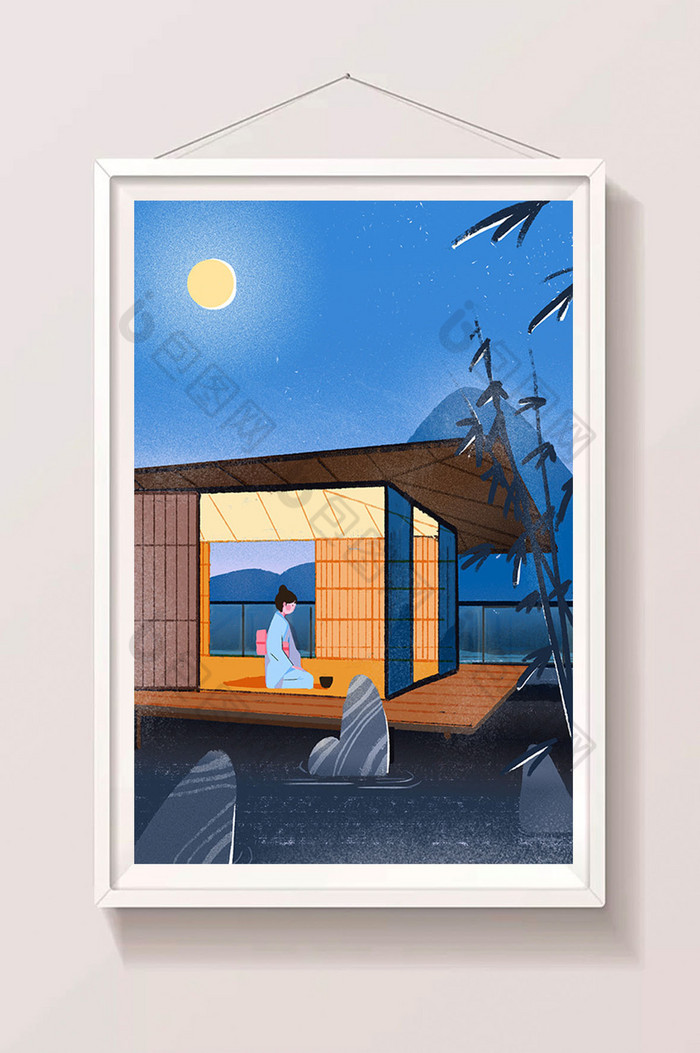 版画日本浮世绘夜晚高山房风景插画图片图片